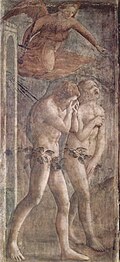 Vertreibung aus dem Paradies von Tommaso Cassai / Masaccio / Tommaso di Ser Giovanni di Mone, Fresko, 1424-1427, Santa Maria del Carmine (Cappella Brancacci), Florenz (S. 18 · Paradiespforte)